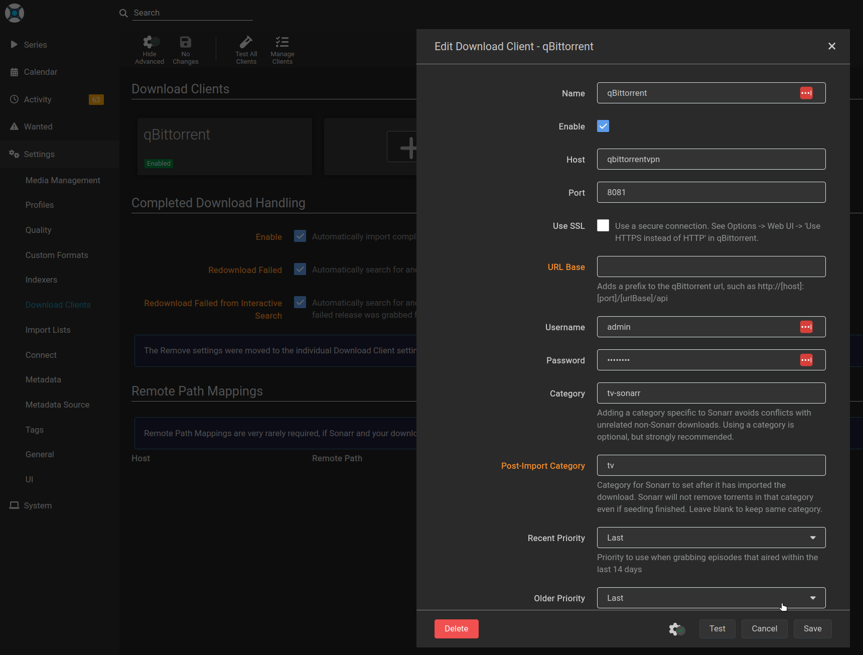 sonarr and qbittorrent connection