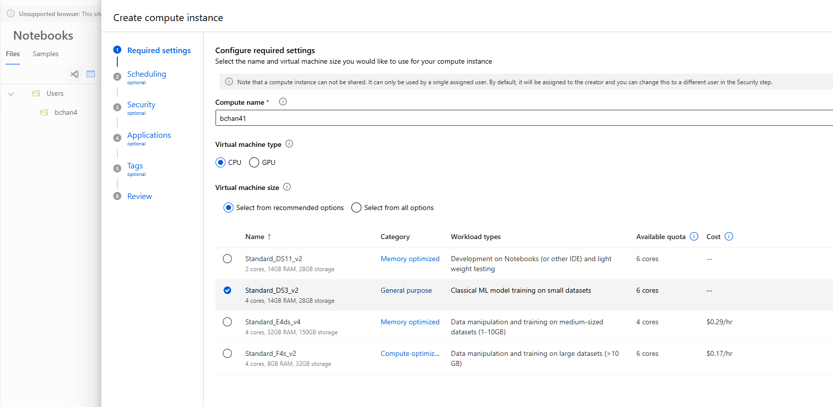 compute instance in azure portal