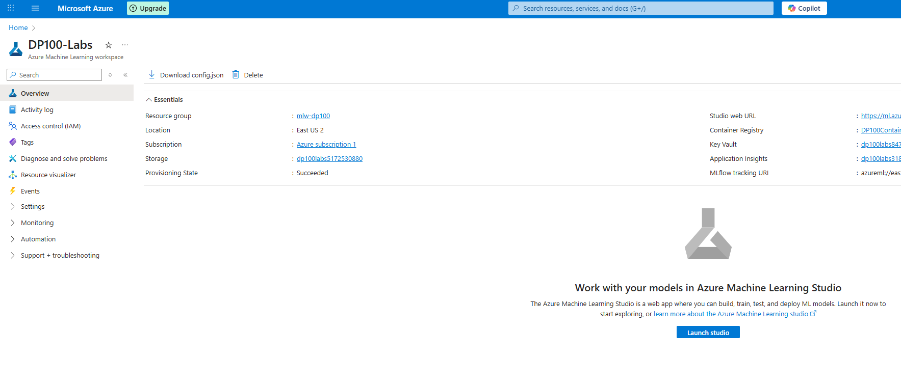 created workspace in azure portal